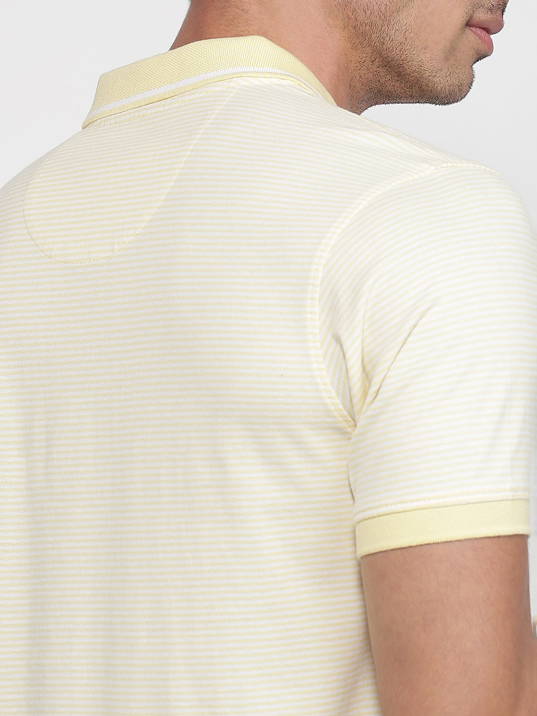 Raymond Men Yellow Modern Fit Stripe Polo Neck Collar T-shirt