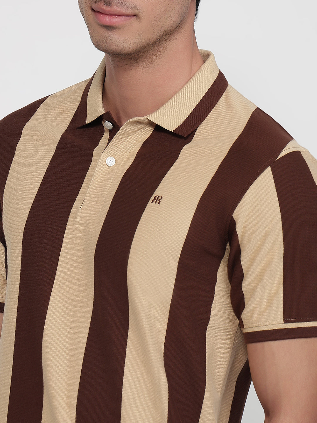 Raymond Men Brown Modern Fit Stripe Polo Neck Collar T-shirt