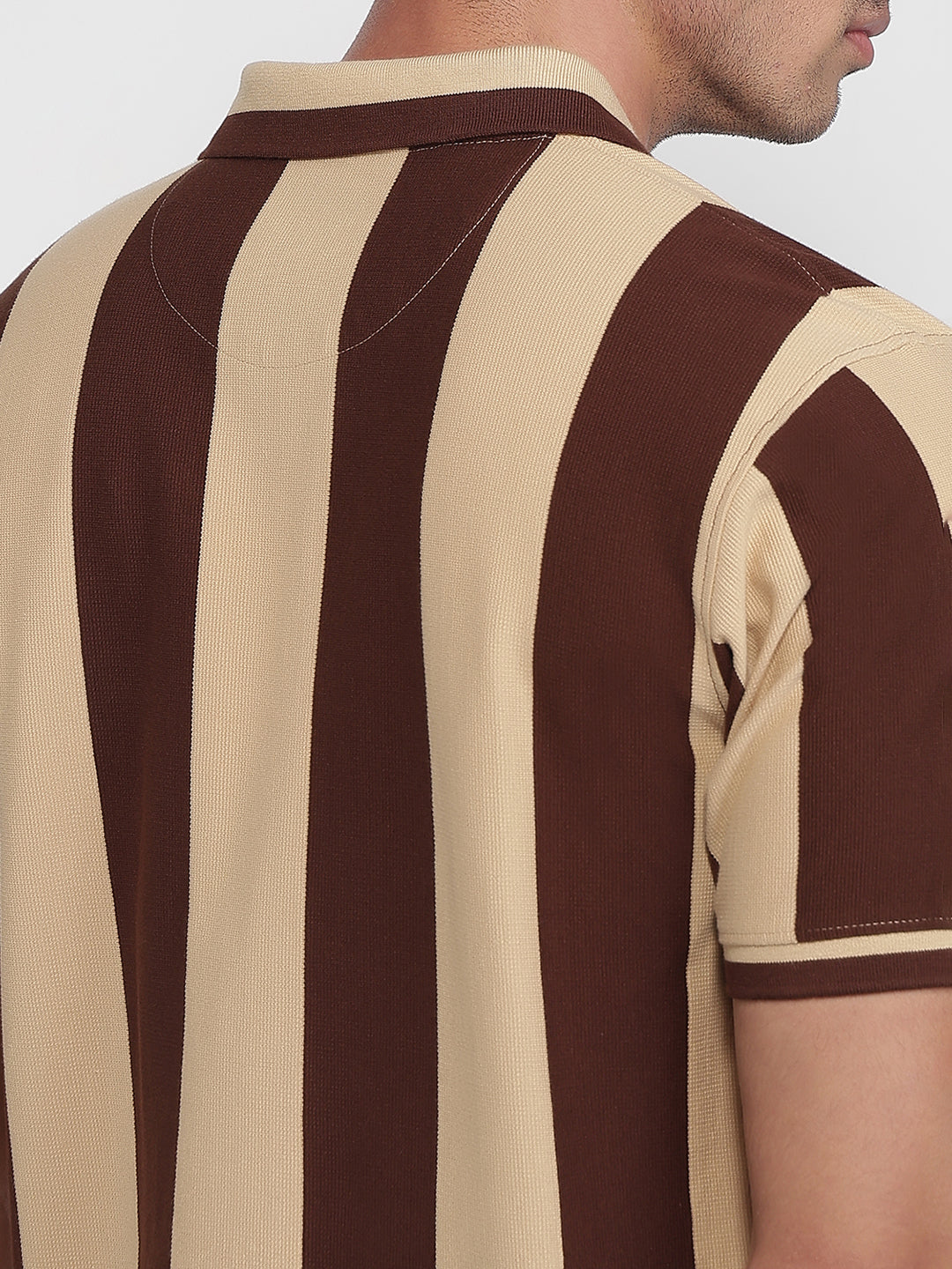 Raymond Men Brown Modern Fit Stripe Polo Neck Collar T-shirt
