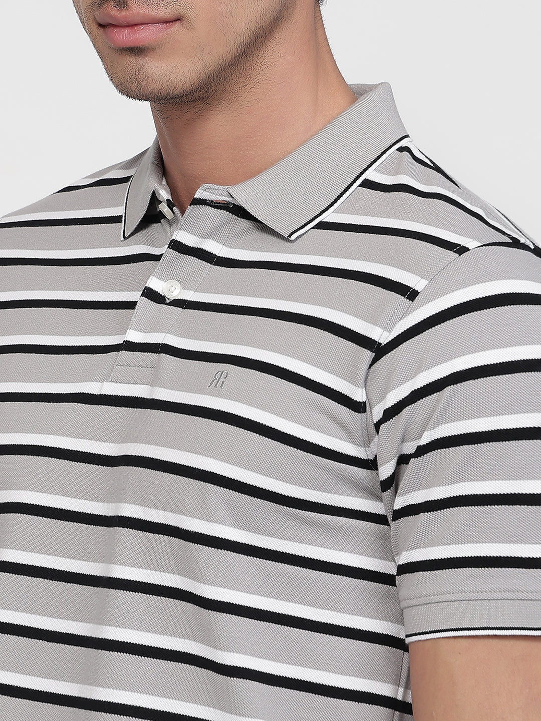 Raymond Men Grey Modern Fit Stripe Polo Neck Collar T-shirt