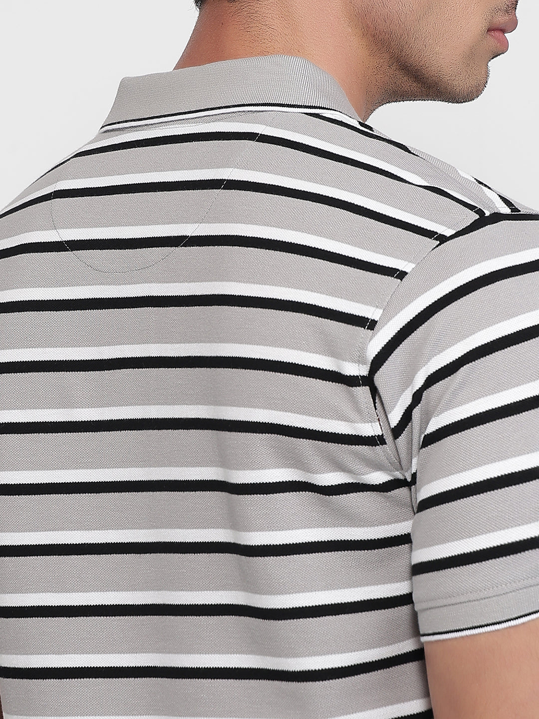 Raymond Men Grey Modern Fit Stripe Polo Neck Collar T-shirt