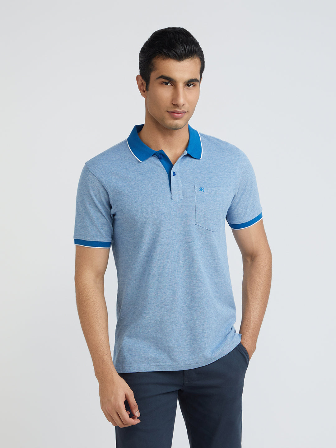 Raymond Men Blue Modern Fit Solid Polo Neck Collar T-Shirt