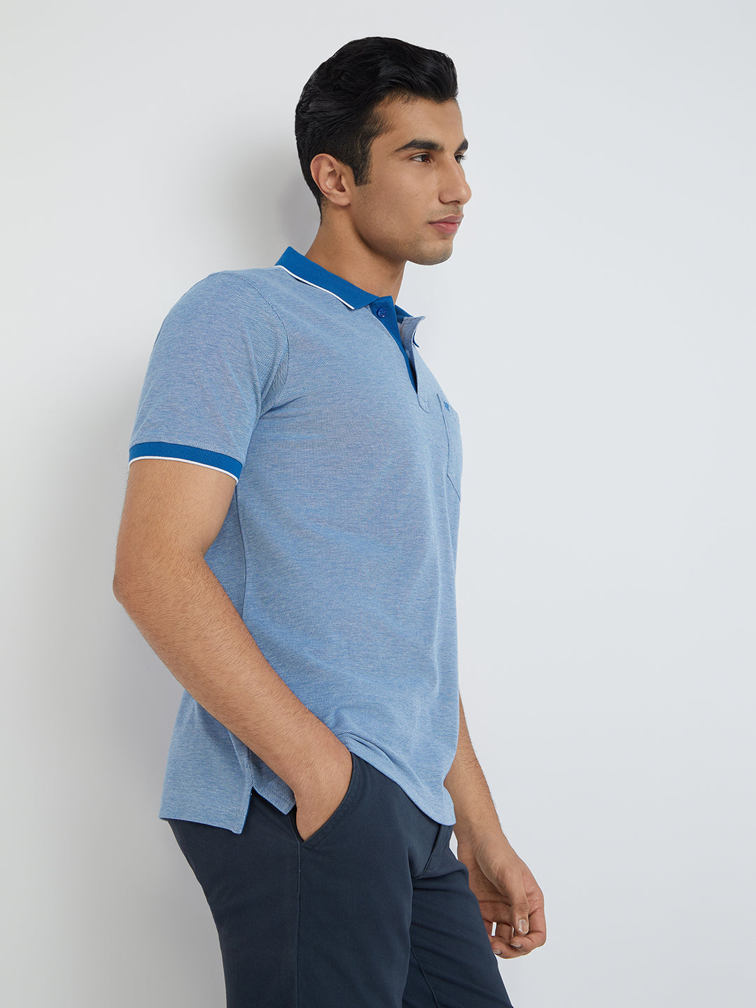 Raymond Men Blue Modern Fit Solid Polo Neck Collar T-Shirt
