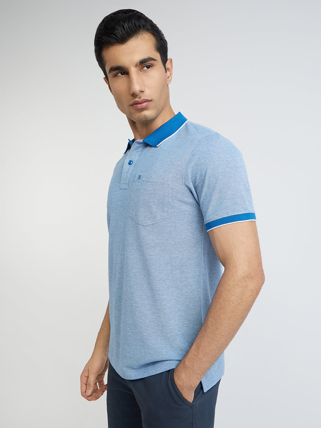 Raymond Men Blue Modern Fit Solid Polo Neck Collar T-Shirt