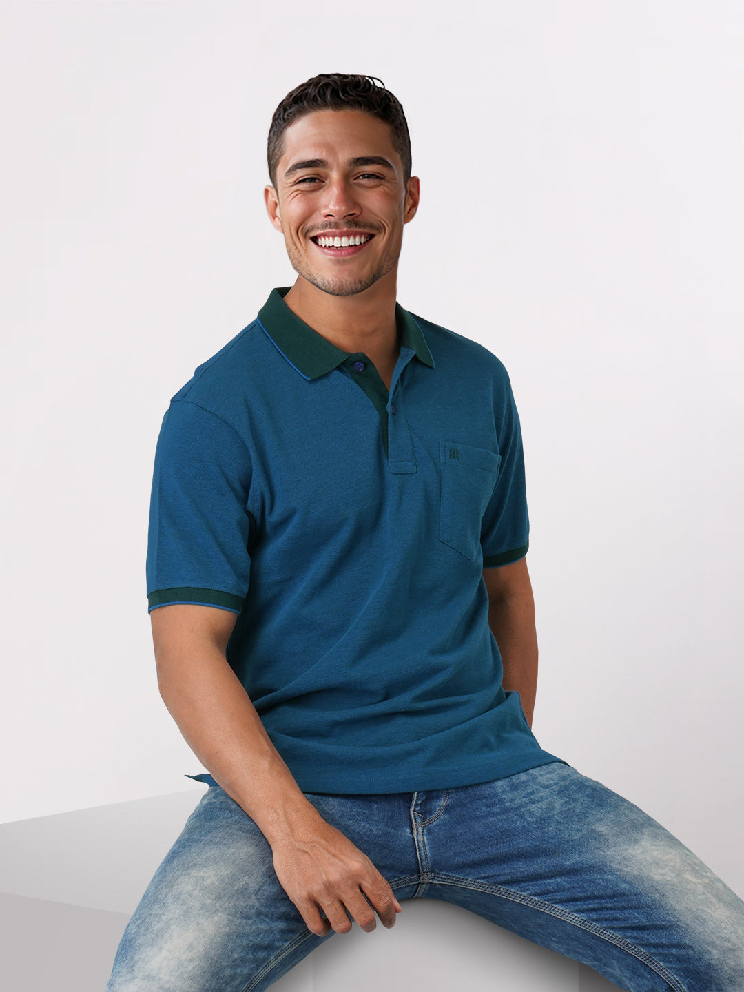 Raymond Men Blue Modern Fit Solid Polo Neck Collar T-Shirt