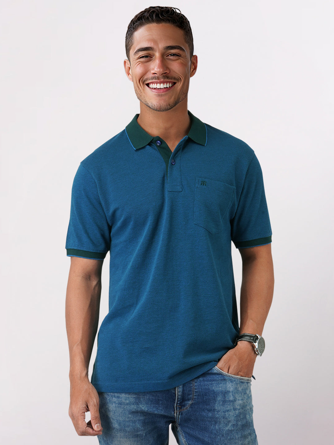 Raymond Men Blue Modern Fit Solid Polo Neck Collar T-Shirt