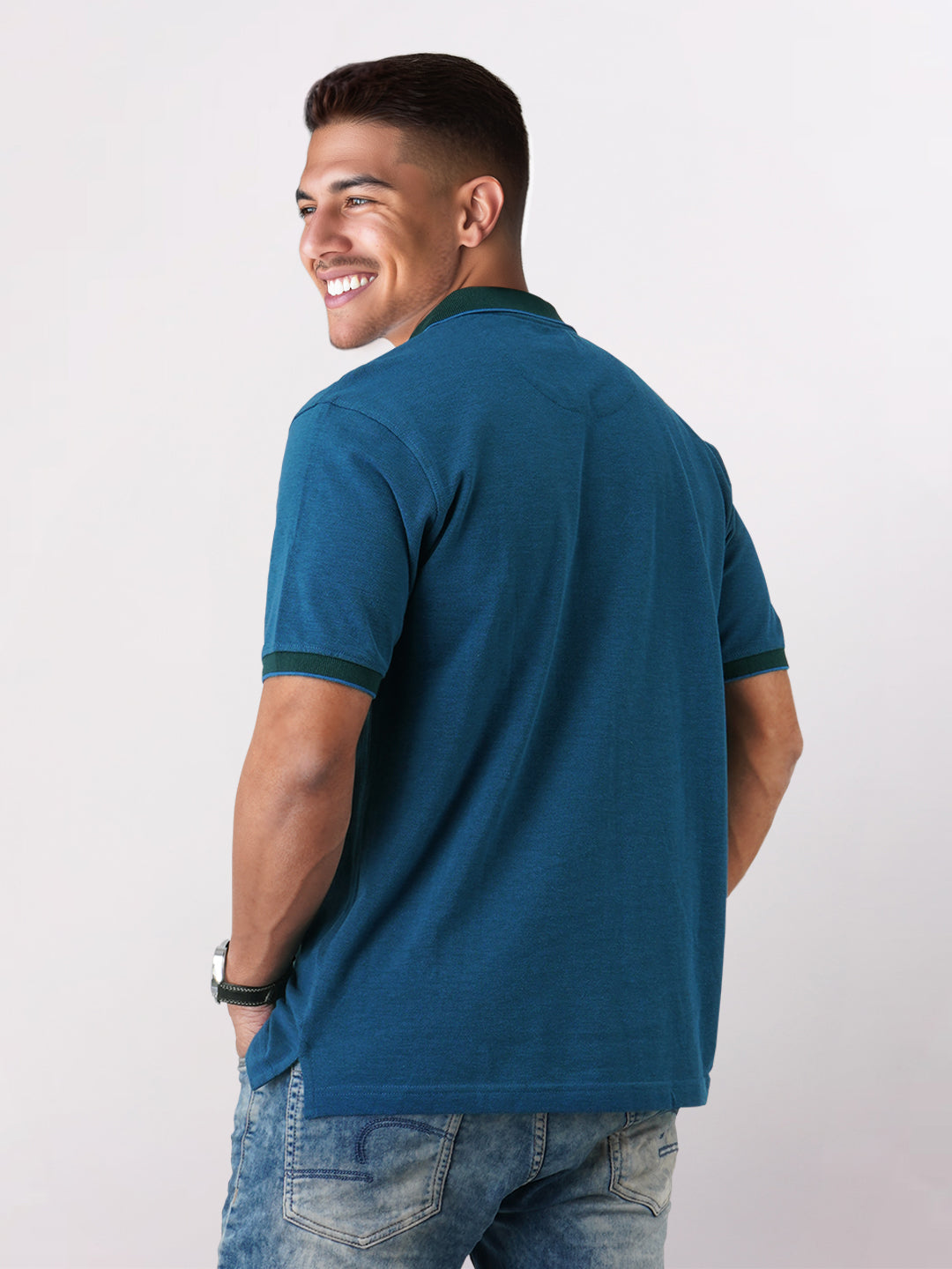 Raymond Men Blue Modern Fit Solid Polo Neck Collar T-Shirt