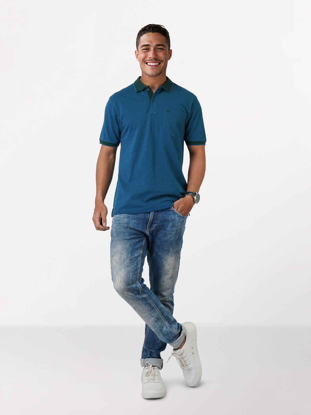 Raymond Men Blue Modern Fit Solid Polo Neck Collar T-Shirt