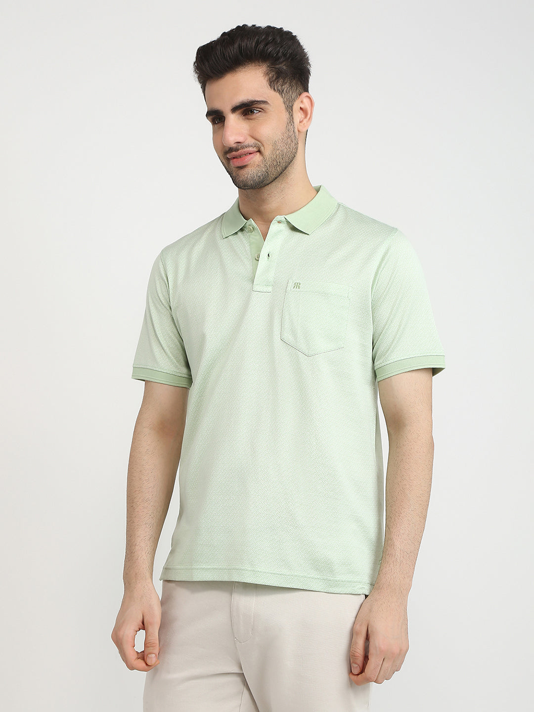 Raymond Men Green Regular Fit Jacquard Polo Neck Collar T-Shirt