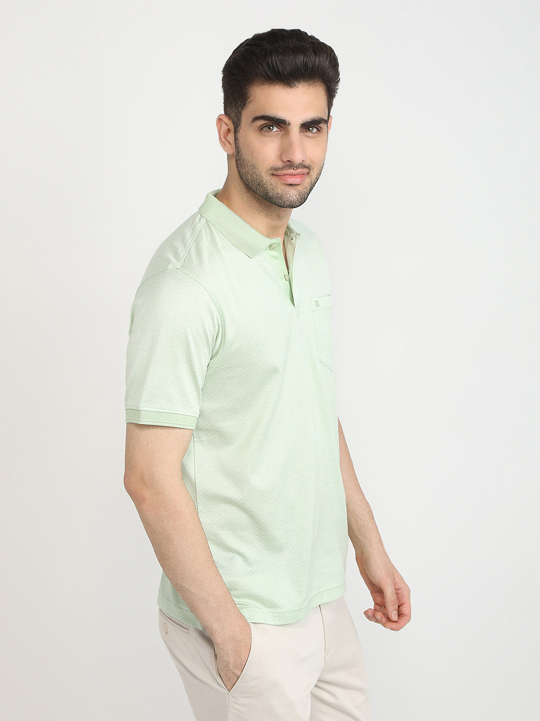 Raymond Men Green Regular Fit Jacquard Polo Neck Collar T-Shirt