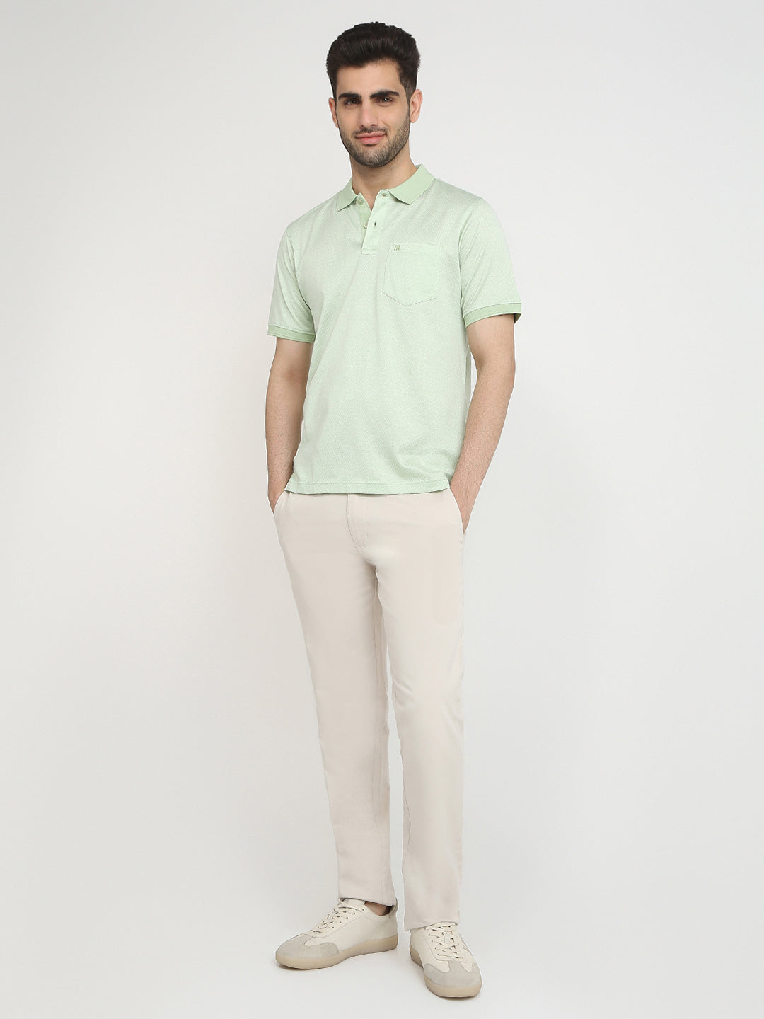 Raymond Men Green Regular Fit Jacquard Polo Neck Collar T-Shirt