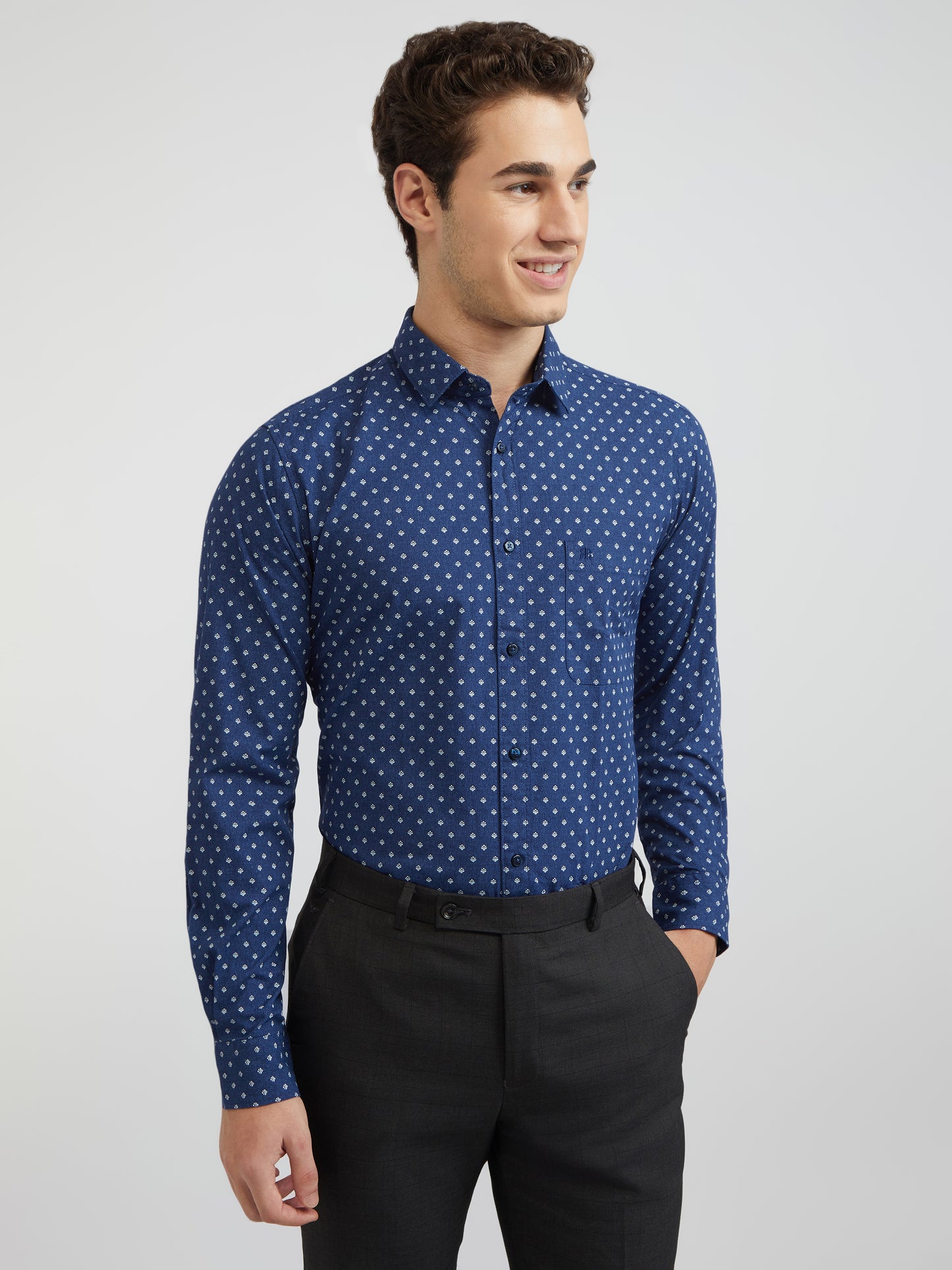 Raymond Men Blue Printed Slim Fit Cotton Casual Shirt