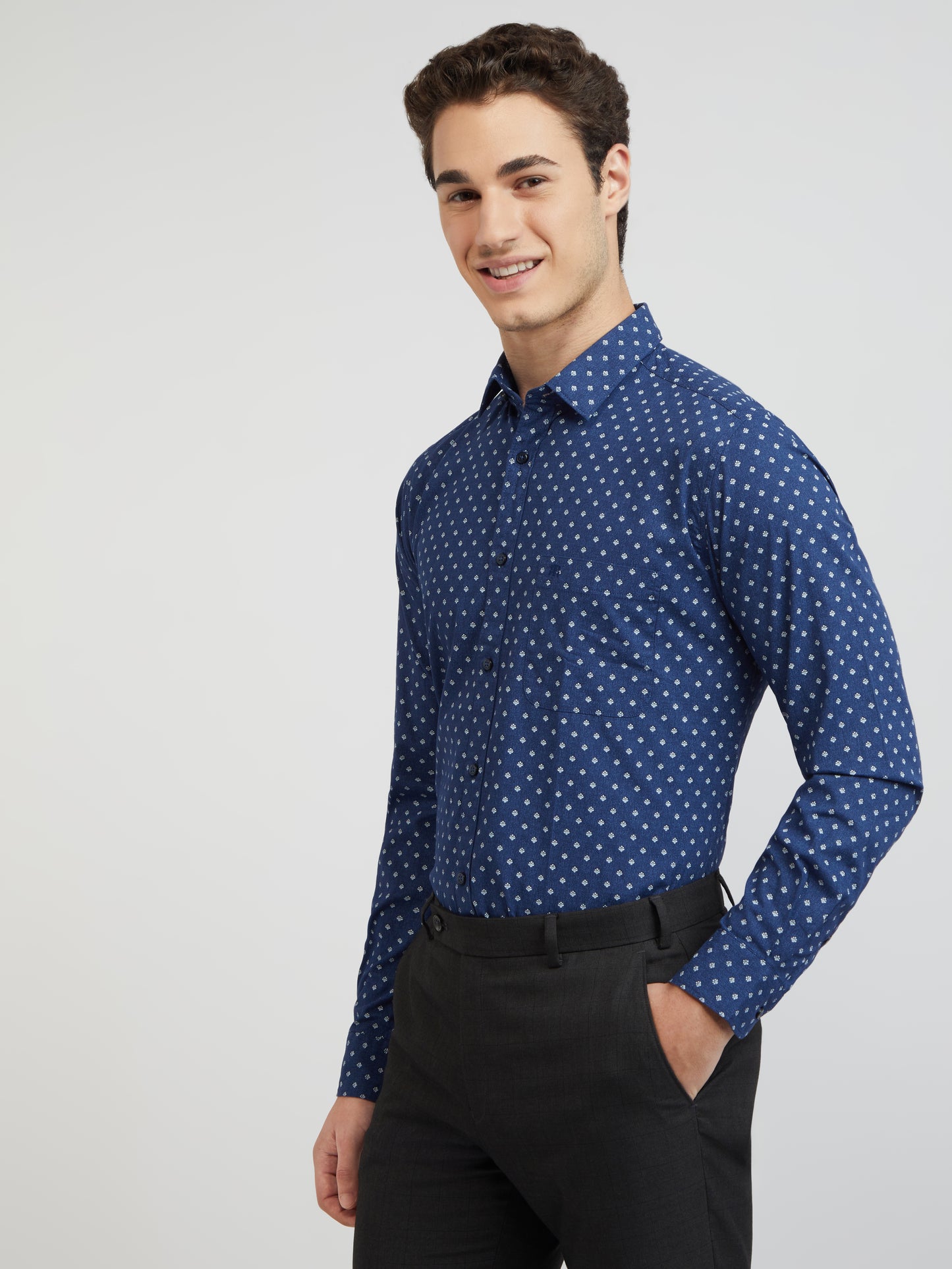 Raymond Men Blue Printed Slim Fit Cotton Casual Shirt