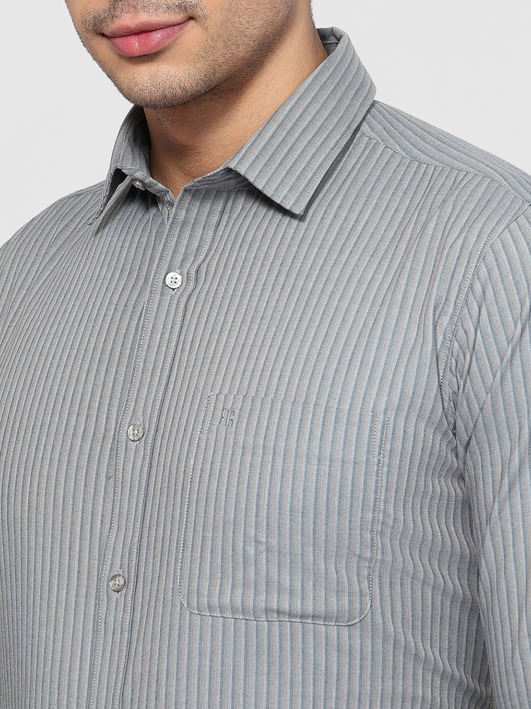 Raymond Men Grey Slim Fit Stripe Casual Shirt