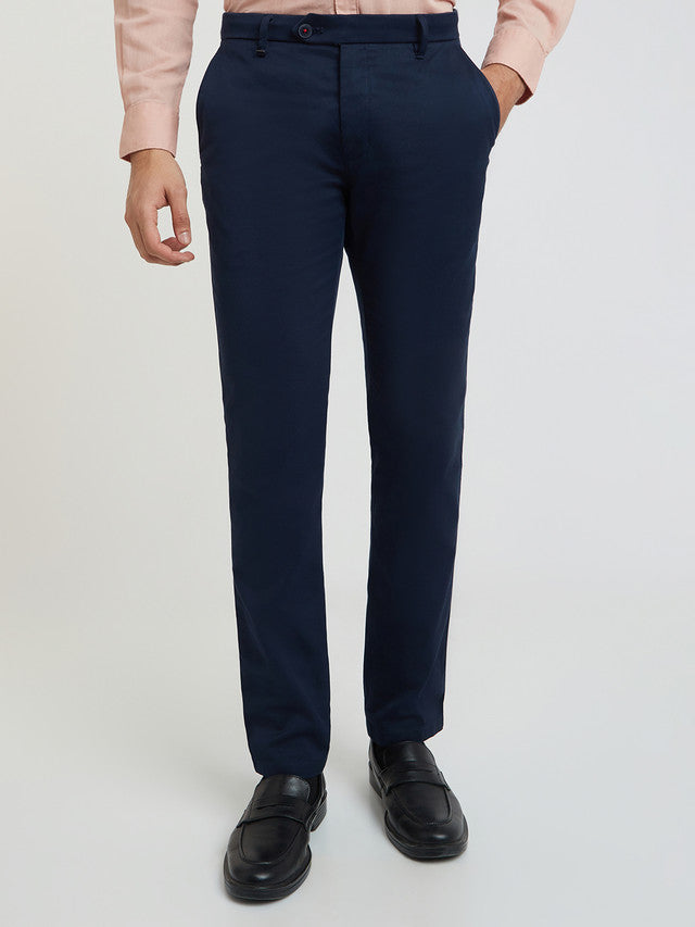 Men Blue Contemporary Fit Solid Cotton Blend Trouser