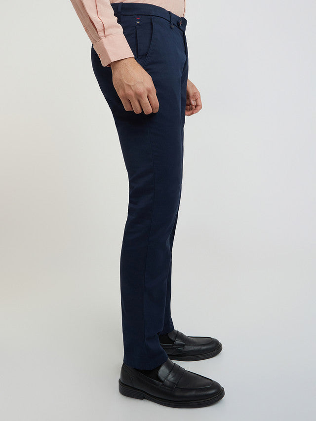 Men Blue Contemporary Fit Solid Cotton Blend Trouser