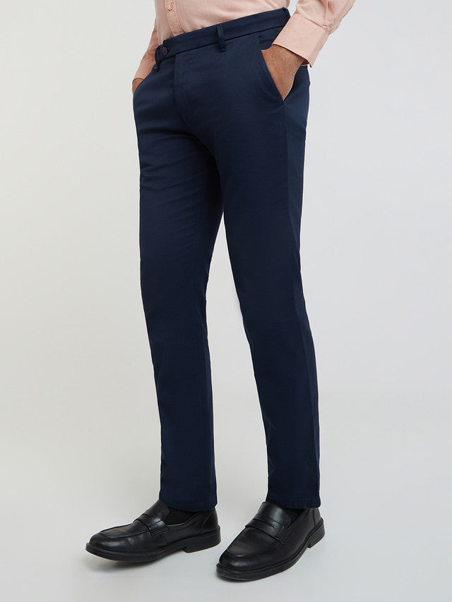 Men Blue Contemporary Fit Solid Cotton Blend Trouser