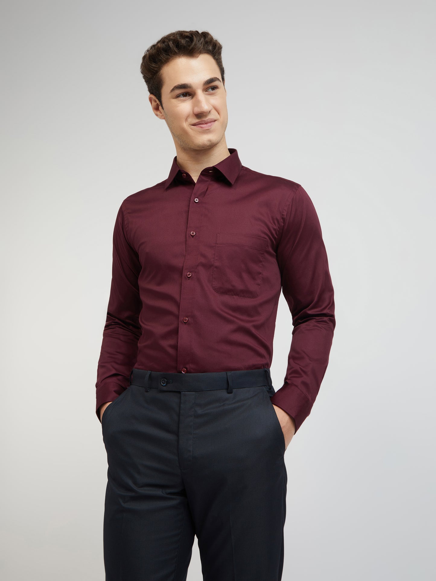 Raymond Maroon Solid Slim Fit Cotton Formal Shirt