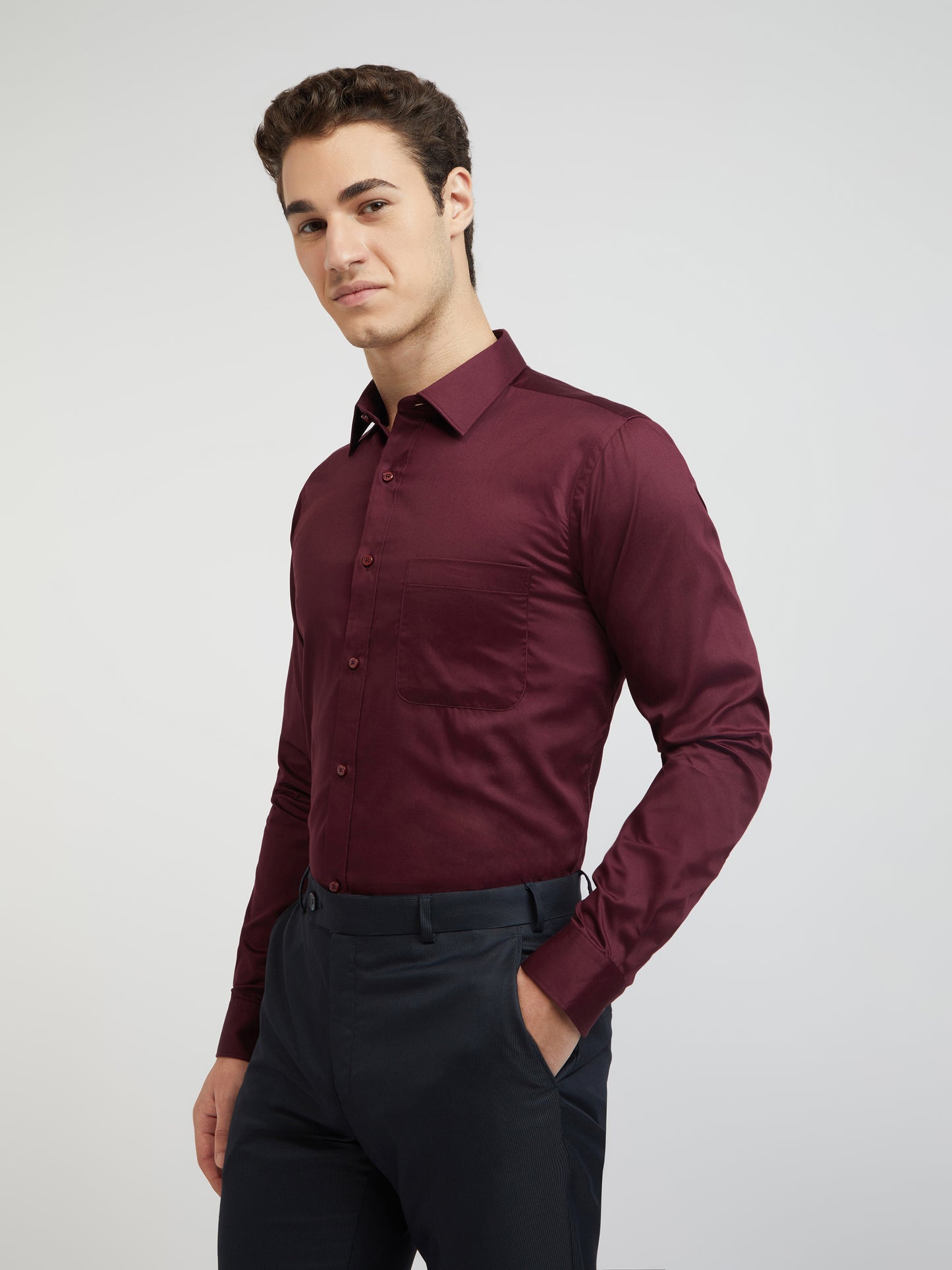 Raymond Maroon Solid Slim Fit Cotton Formal Shirt