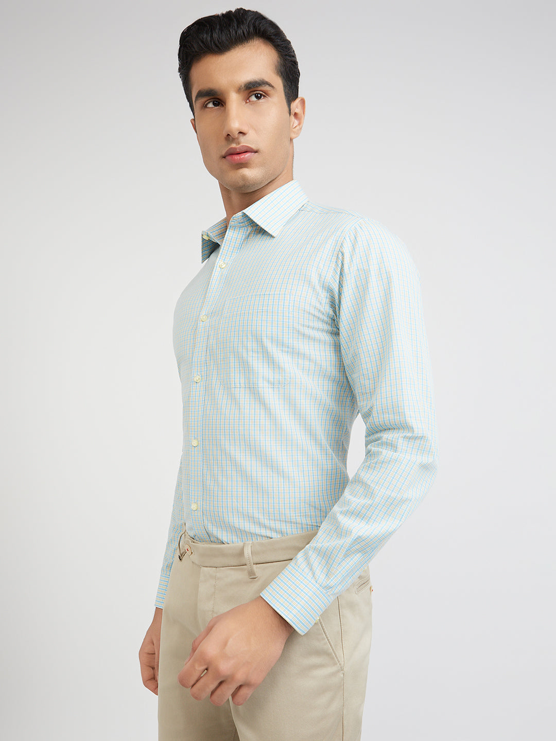 Raymond Men Blue Checks Cotton Formal Shirt