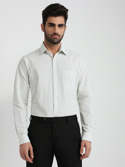 Raymond Men Green Stripe Slim Fit Cotton Formal Shirt