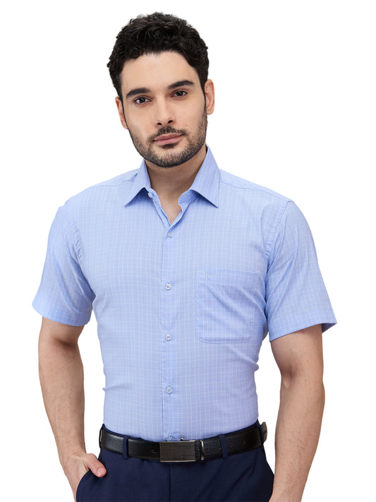Raymond Men Blue Checks Regular Fit Cotton Blend Formal Shirt