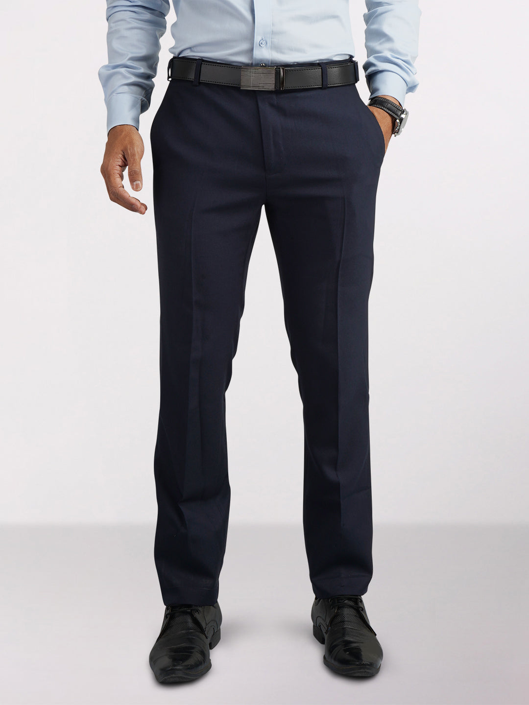 Raymond Blue Solid Slim Fit Polyester Blend Trouser