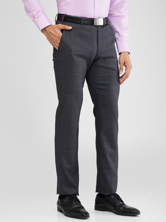 Raymond Grey Checks Slim Fit Polyester Blend Trouser