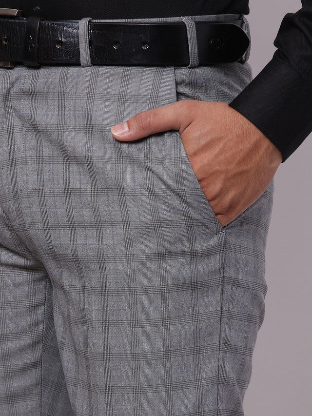 Raymond Grey Checks Slim Fit Polyester Blend Trouser