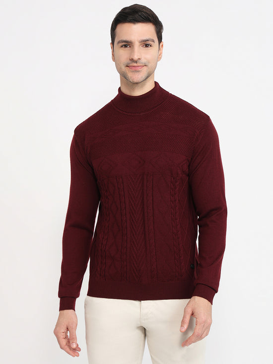 Raymond Men Maroon Contemporary Fit Structure Cable High Crew Neck Col ...