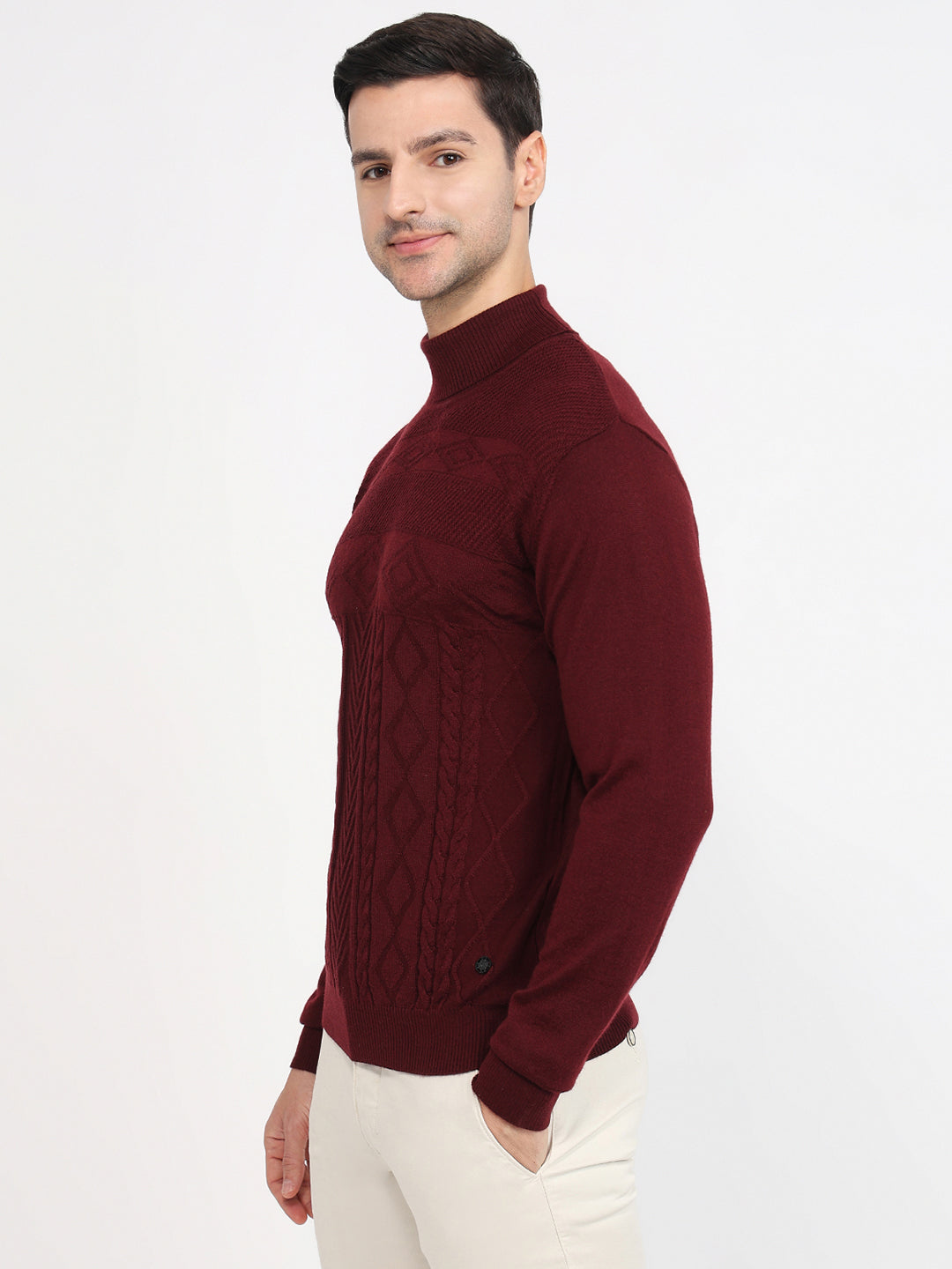 Raymond Men Maroon Contemporary Fit Structure Cable High Crew Neck Col ...