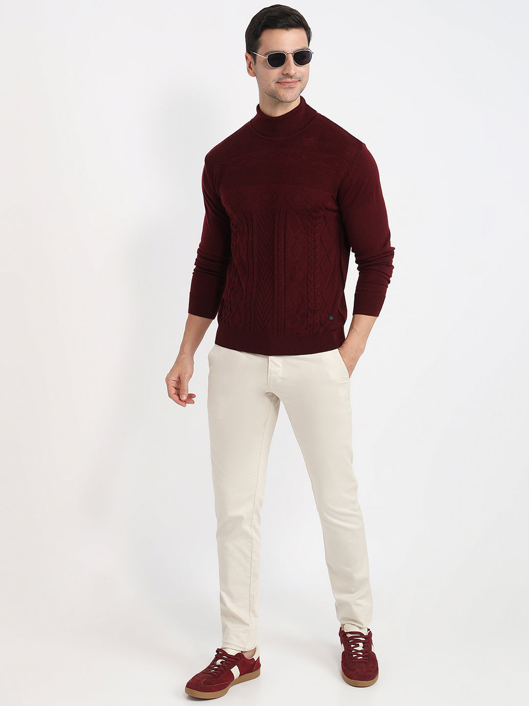 Raymond Men Maroon Contemporary Fit Structure Cable High Crew Neck Col ...