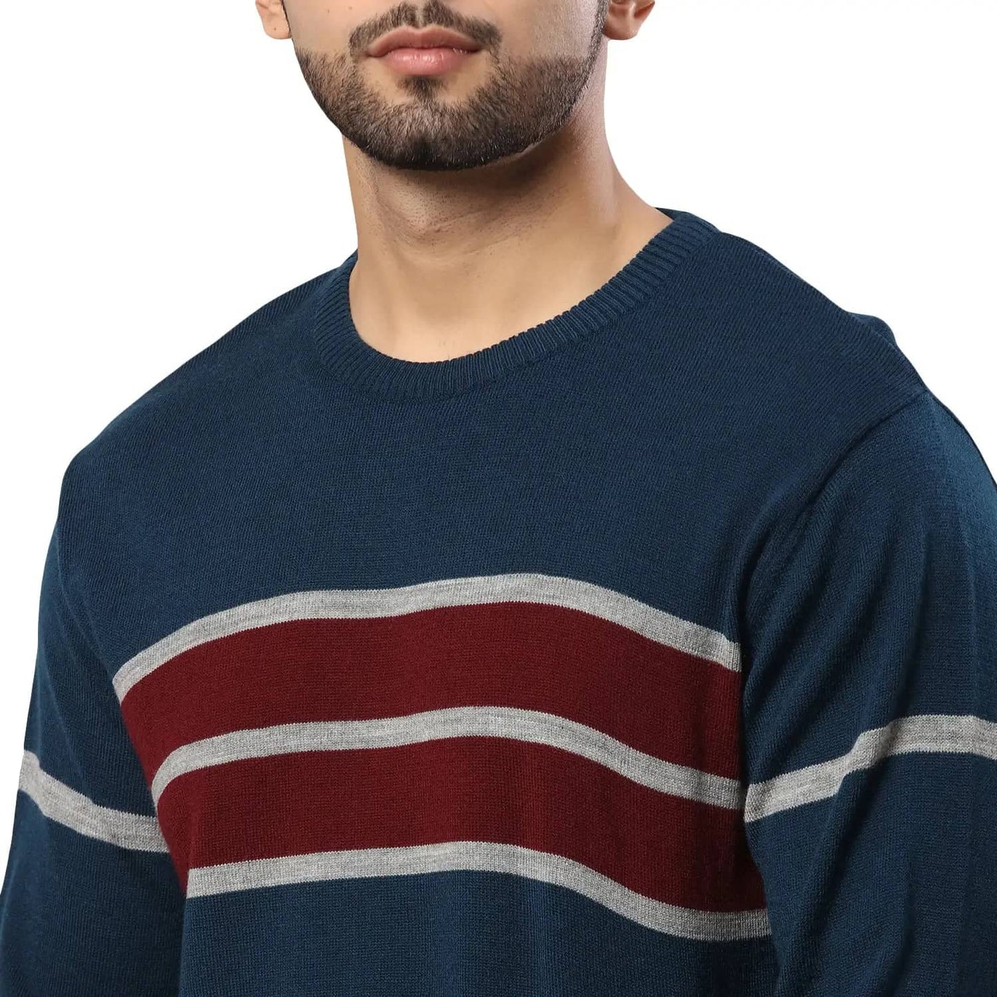 Men Petrol Stripe Acrylic Wool Blend Round Collar Sweaters