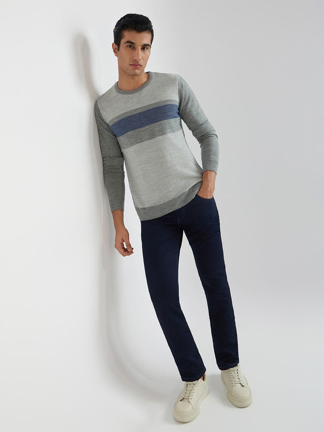 Men Regular Fit Blue Sweater