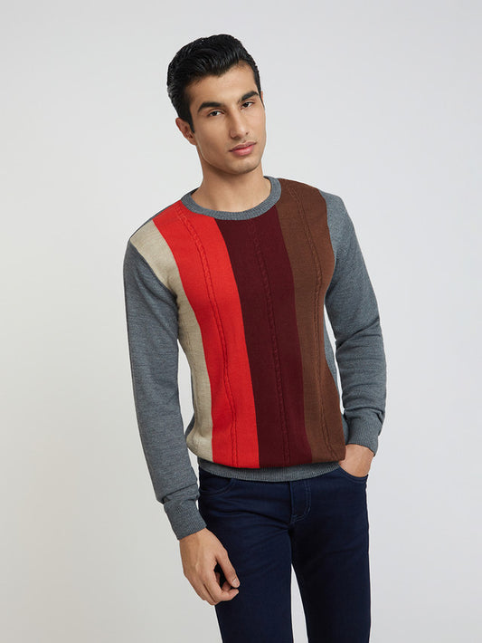 Men Regular Fit Grey Sweater