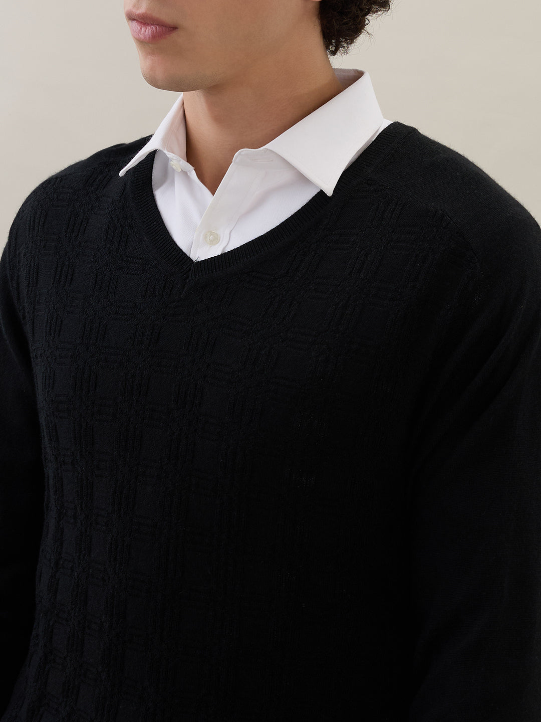 Raymond Men Black Structure V Neck Collar Sweatshirt