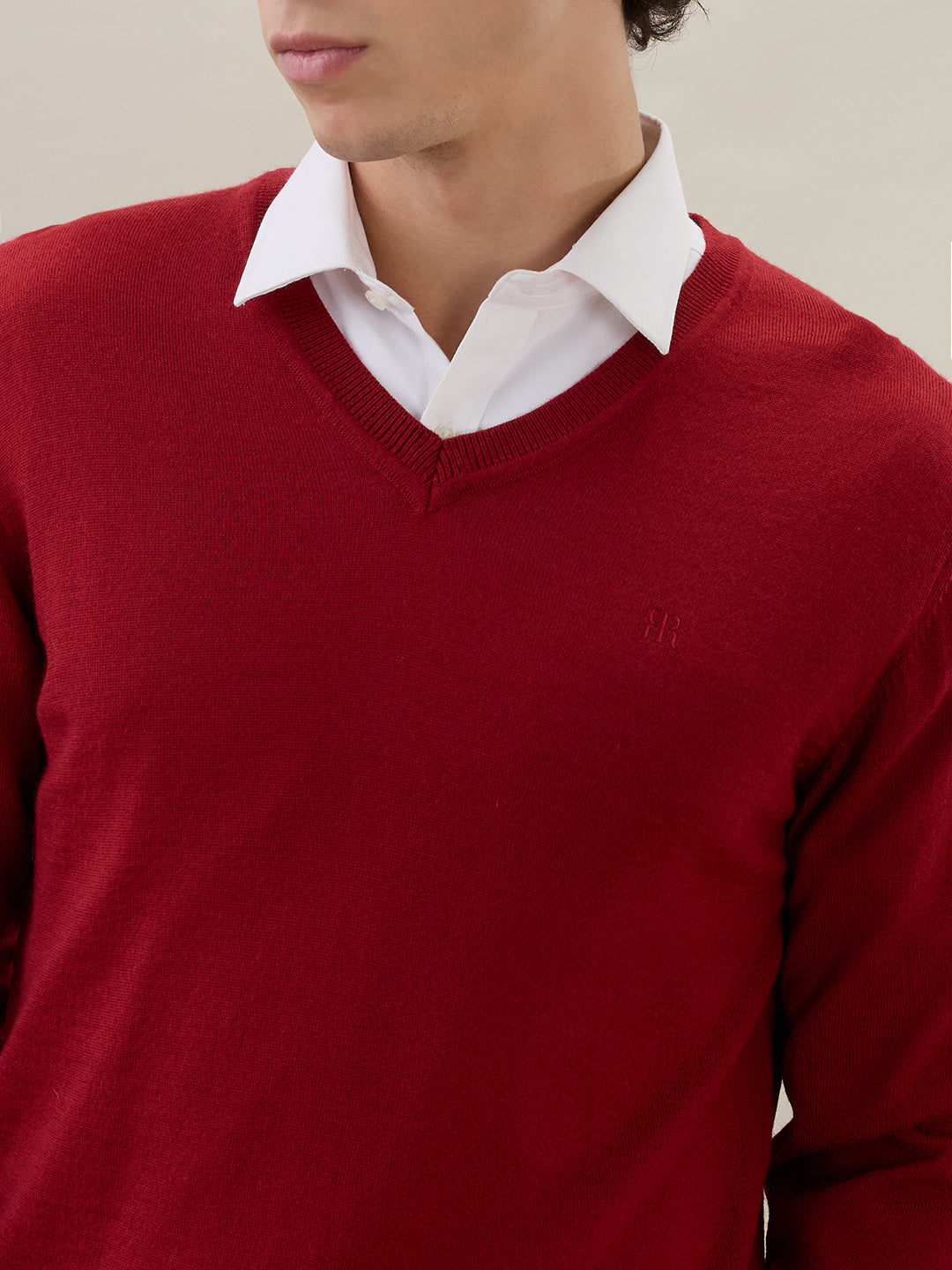 Raymond Men Orange Solid V Neck Collar Sweatshirt