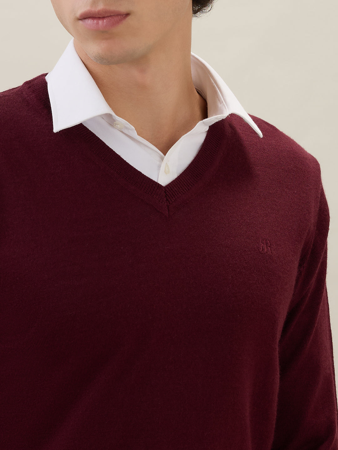 Raymond Men Maroon Solid V Neck Collar Sweatshirt