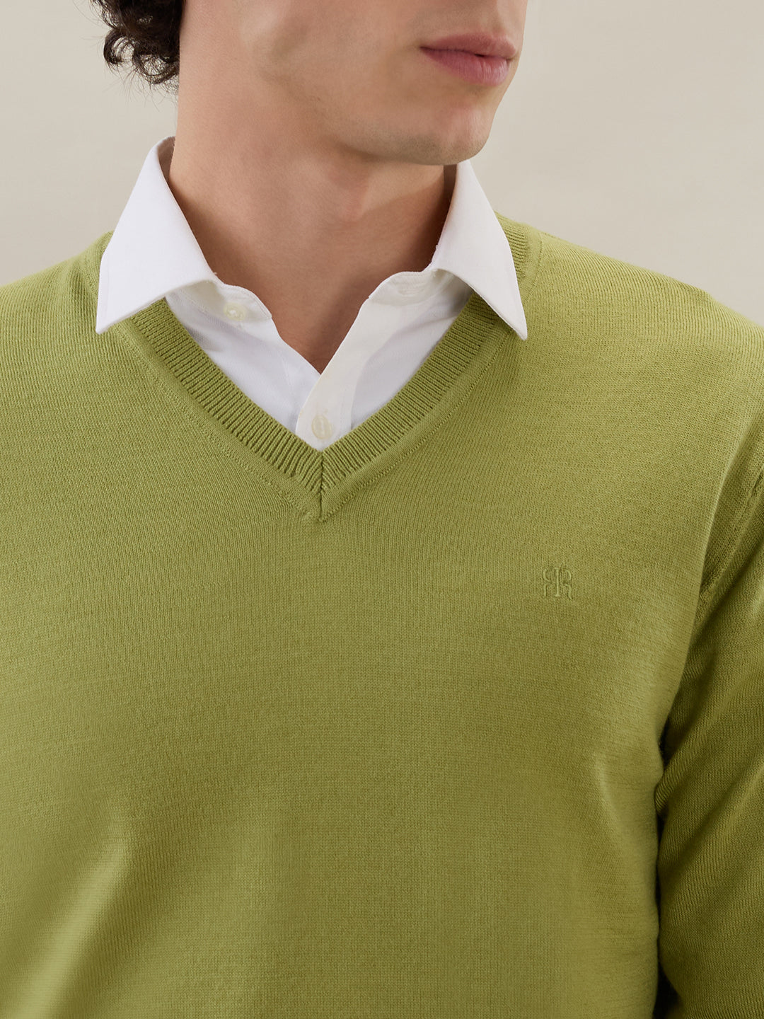 Raymond Men Green Solid V Neck Collar Sweatshirt