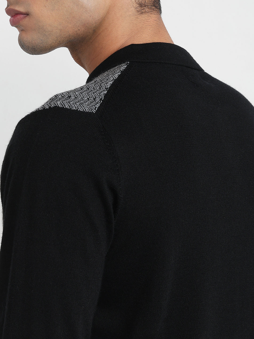 Raymond Men Black Structure Round Neck Collar Sweatshirt