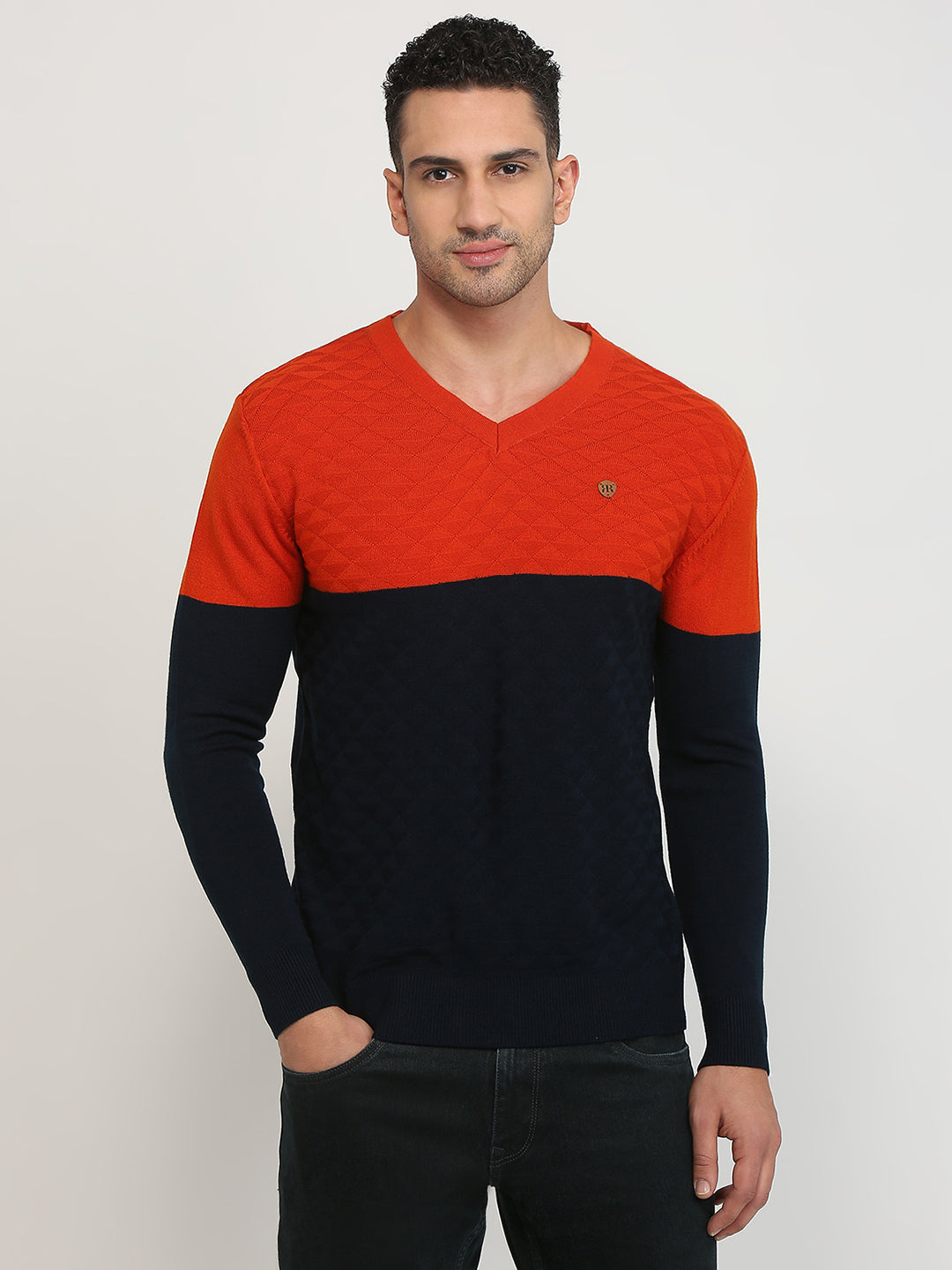 Raymond Men Orange Structure V Neck Collar Sweater