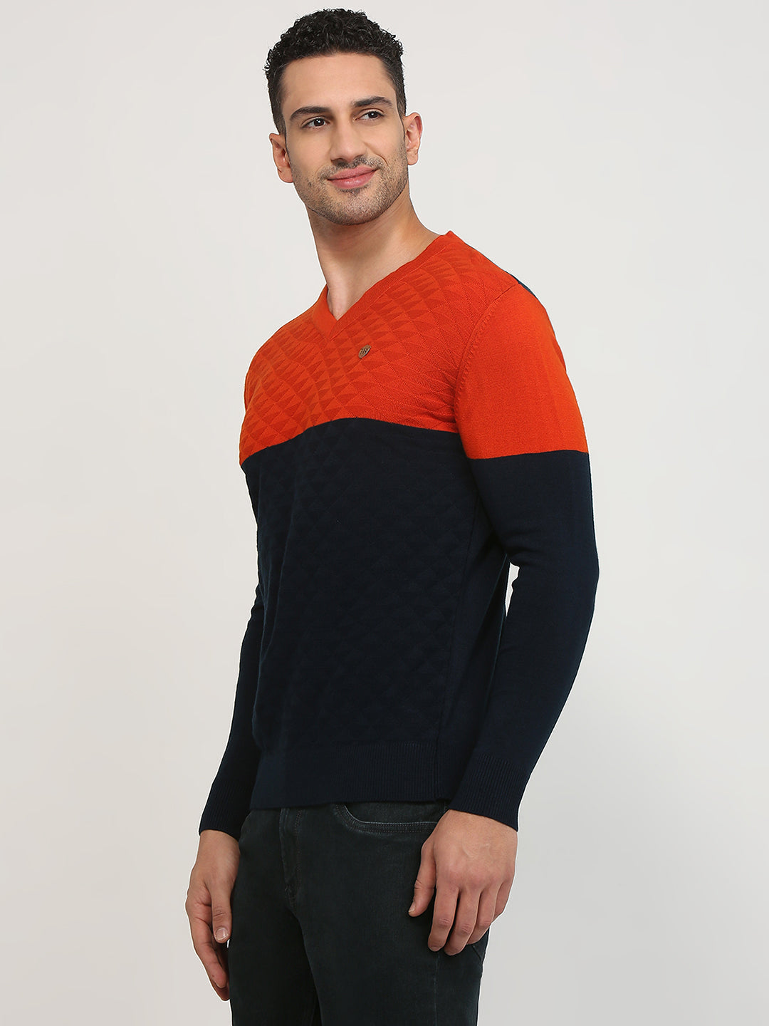 Raymond Men Orange Structure V Neck Collar Sweater