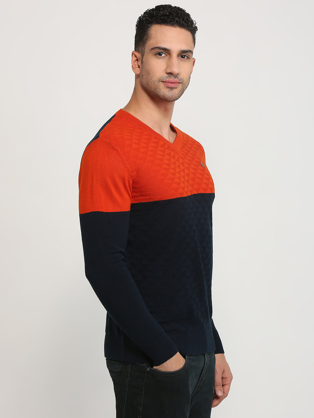 Raymond Men Orange Structure V Neck Collar Sweater