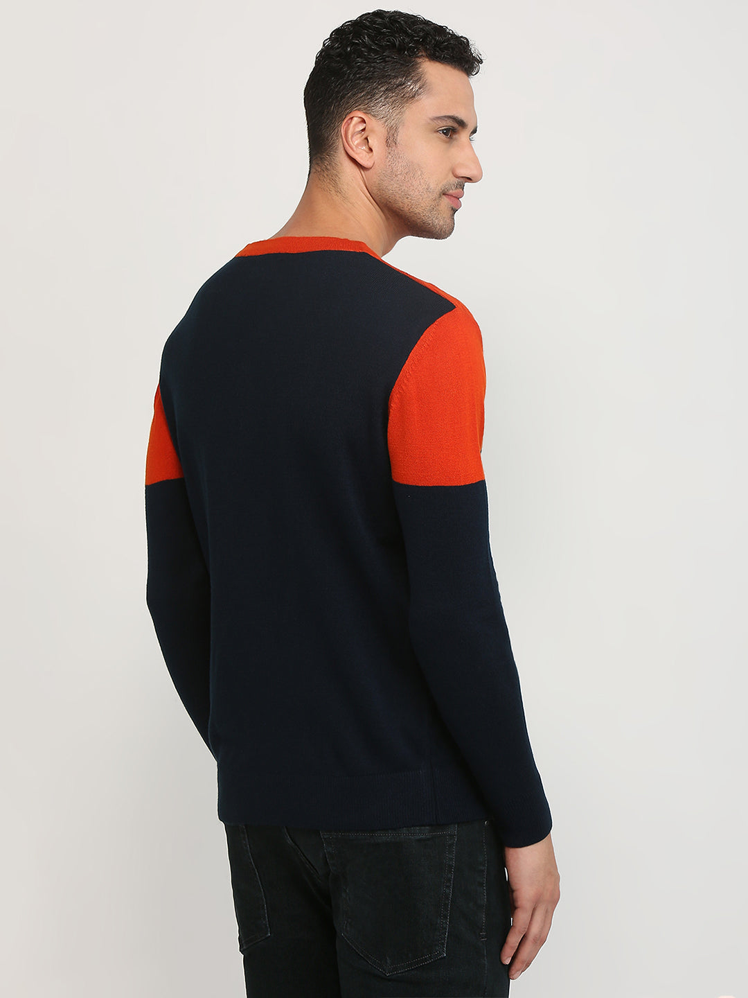 Raymond Men Orange Structure V Neck Collar Sweater
