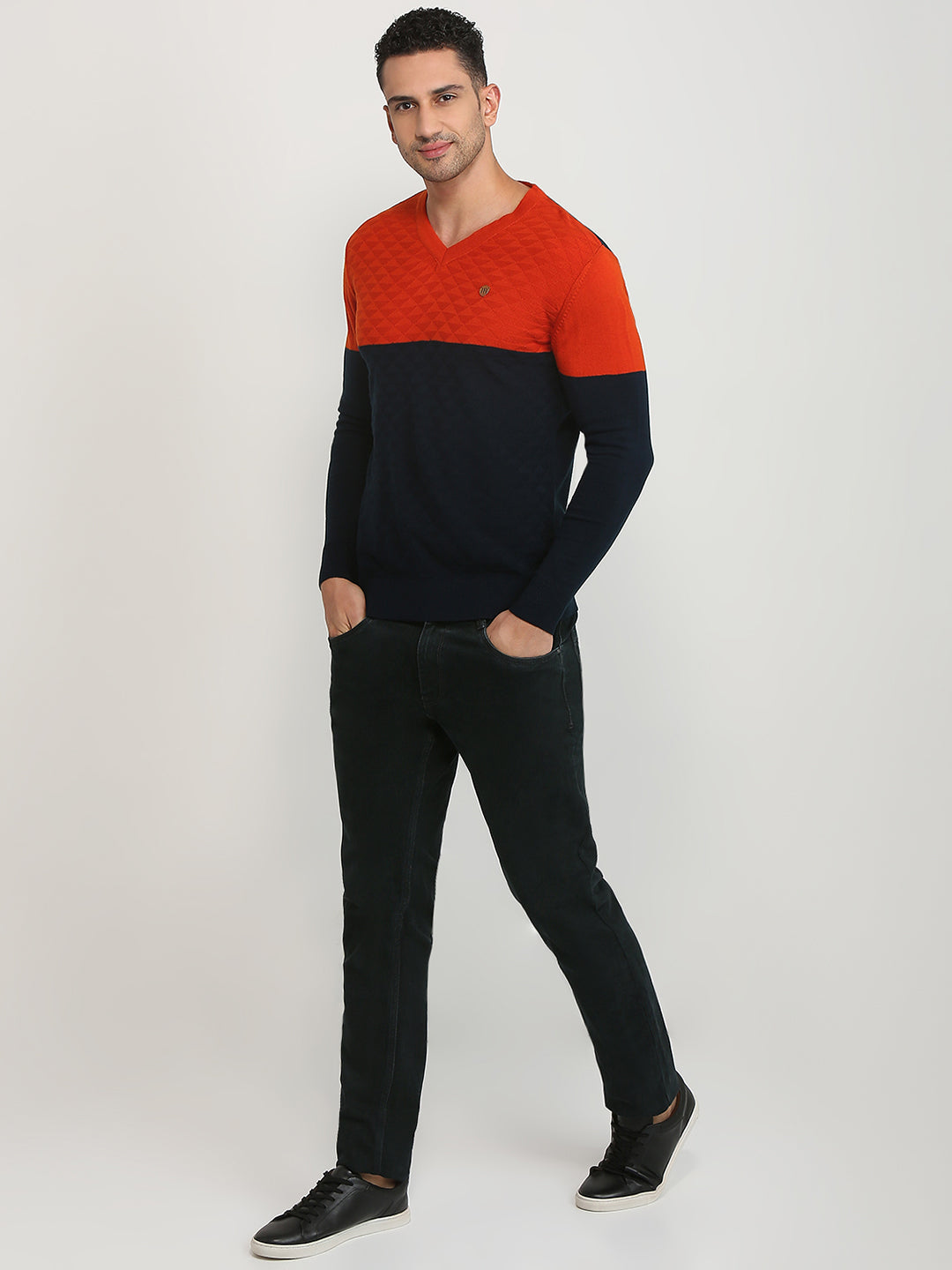 Raymond Men Orange Structure V Neck Collar Sweater
