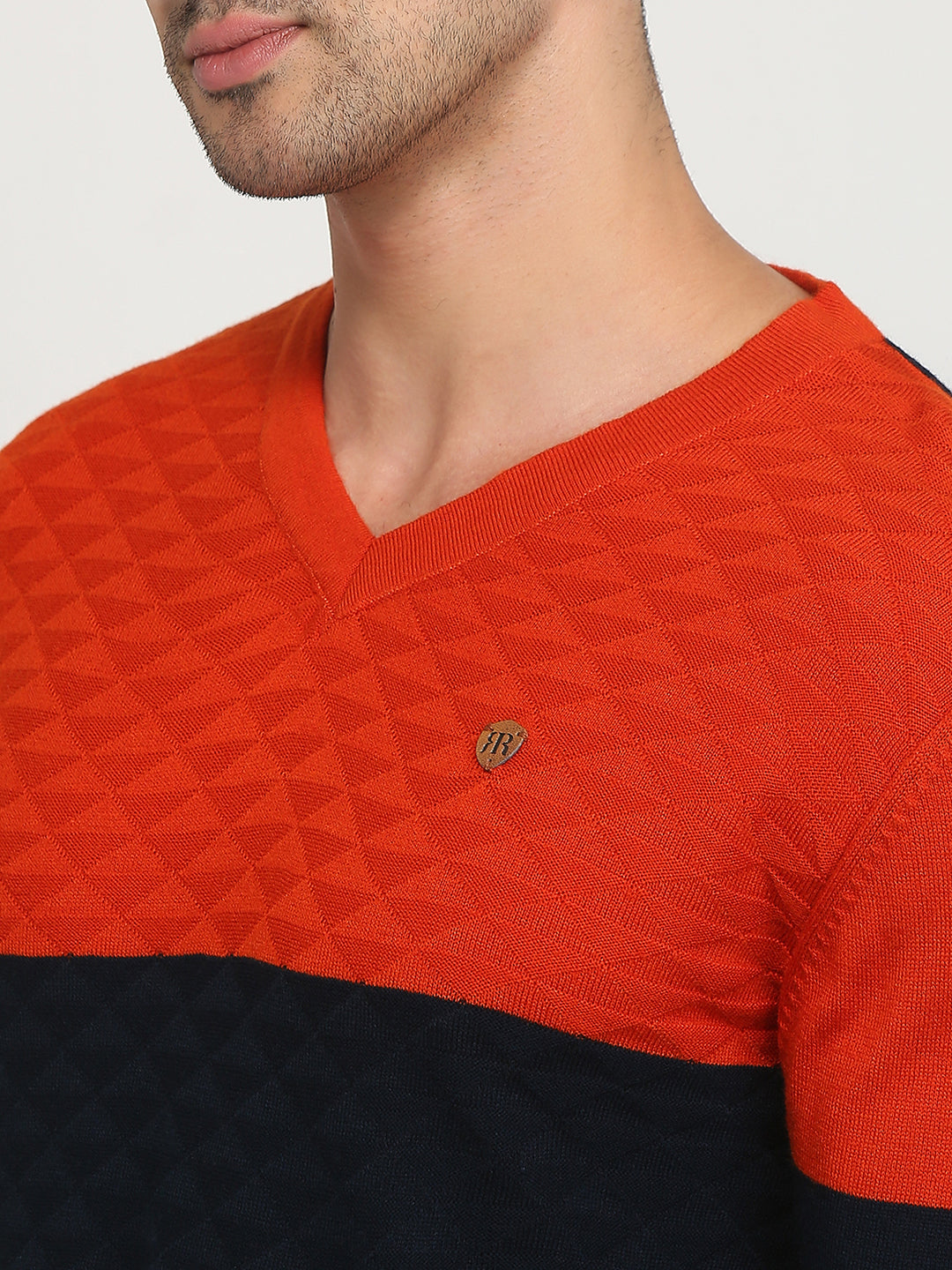 Raymond Men Orange Structure V Neck Collar Sweater