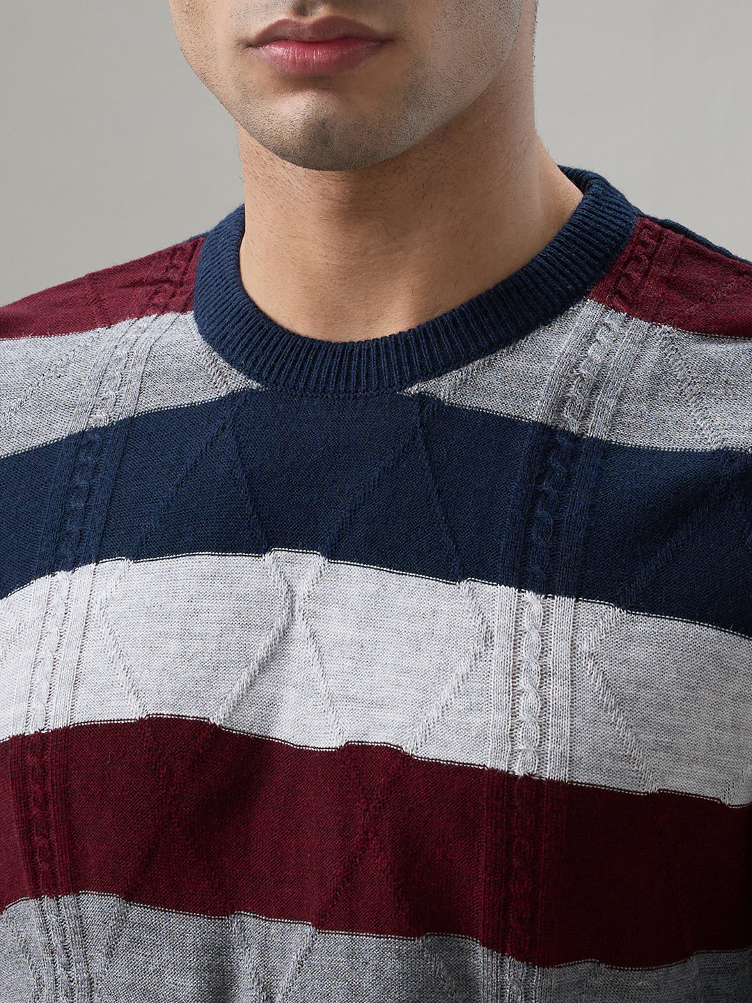 Raymond Men Blue Stripe Round Neck Collar Sweatshirt