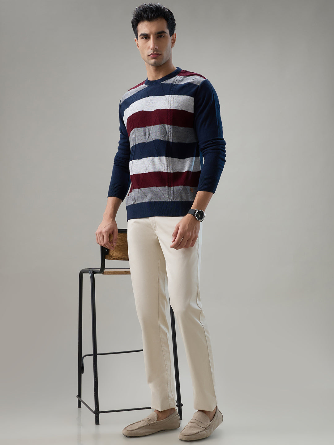 Raymond Men Blue Stripe Round Neck Collar Sweatshirt