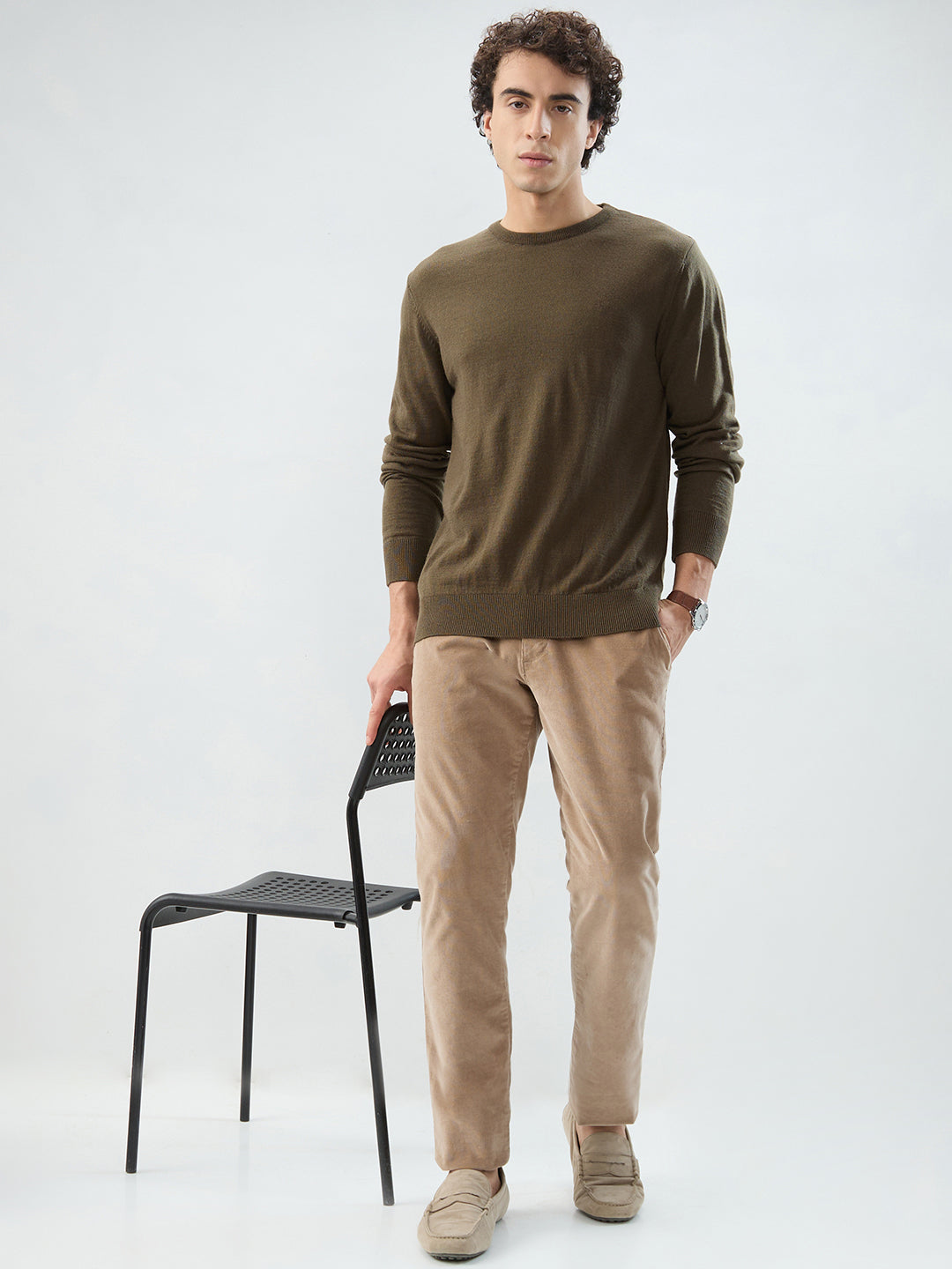 Raymond Men Brown Solid Round Neck Collar Sweatshirt