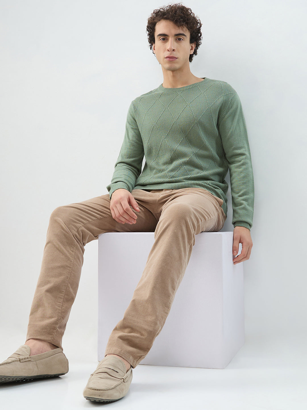 Raymond Men Green Solid Round Neck Collar Sweatshirt